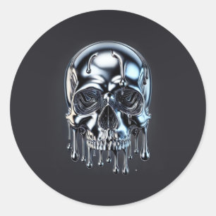 Liquid Chrome Silver Drip Skull Halloween Party Classic Round Sticker