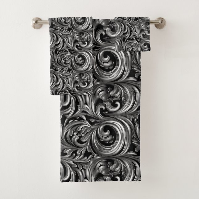 Liquid Elegance - Metallic Black liquid pattern Bath Towel Set (Insitu)