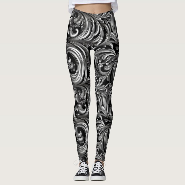 Liquid Elegance - Metallic Black liquid pattern Leggings (Front)