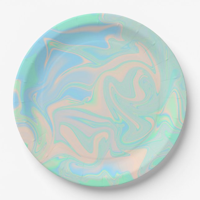 Liquid faux holographic iridescent texture paper plate (Front)