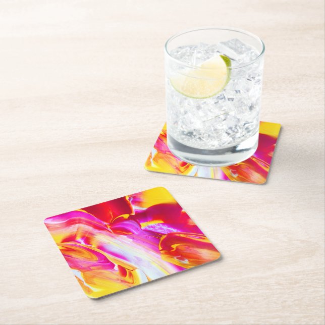Liquid Flame - Bright Orange & Yellow design Square Paper Coaster (Insitu)