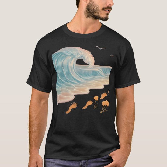 Liquid Glass Beach with Floral Footprints T-Shirt (Front)