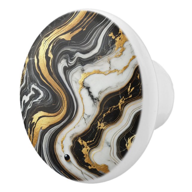 Liquid Gold Black White Marble Look Glam  Ceramic Knob (Right)