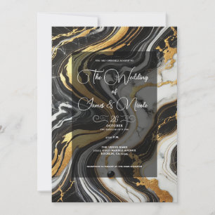Liquid Gold Black White Marble Look Glam Wedding Invitation