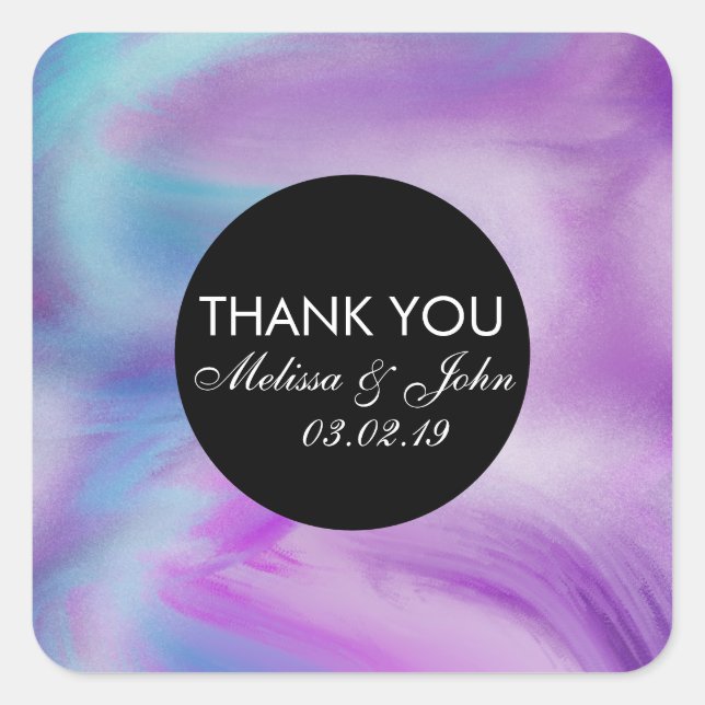 Liquid Ink Colourful Purple Marble Swirl Thank You Square Sticker (Front)