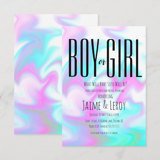 Liquid Iridescent Candy Gender Reveal He or She  Invitation (Front/Back)