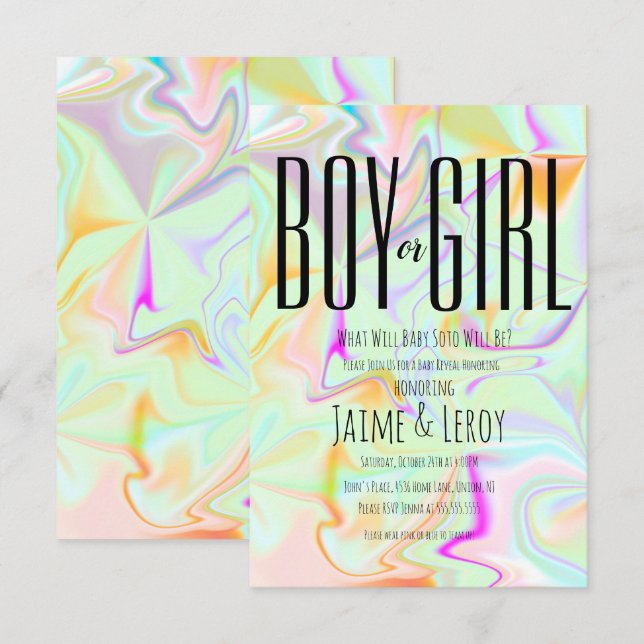 Liquid Iridescent Gender Reveal He or She  Invitation (Front/Back)