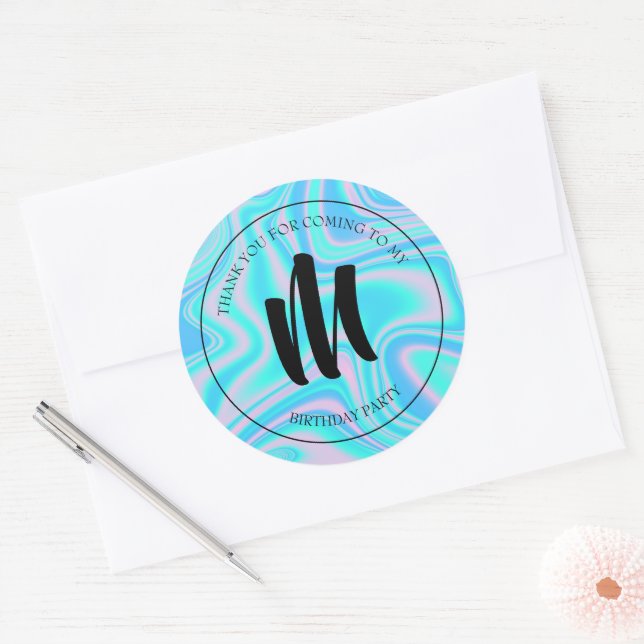 Liquid Marble Blue Faux Holographic Texture Classic Round Sticker (Envelope)