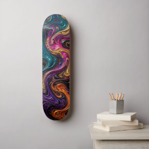 Liquid Marble Swirl - Teal Magenta Gold Fluid Art Skateboard