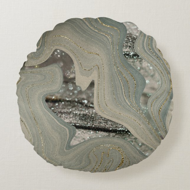 Liquid Marble Wave Glitter Glam 1 Round Pillow (Front)
