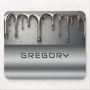 Liquid Metal Dripping Over Silver Chrome Surface Mouse Pad