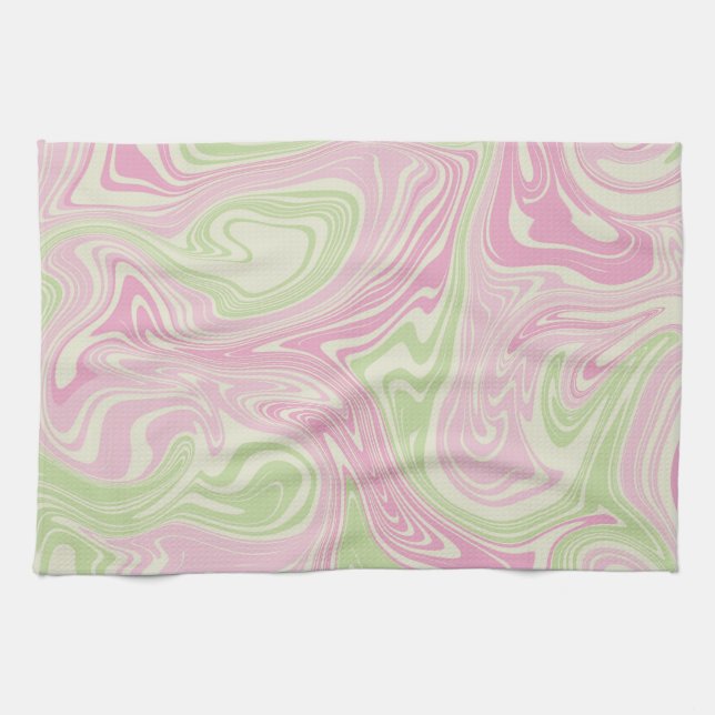 Liquid Swirl Green Pink Pattern Kitchen Towel (Horizontal)