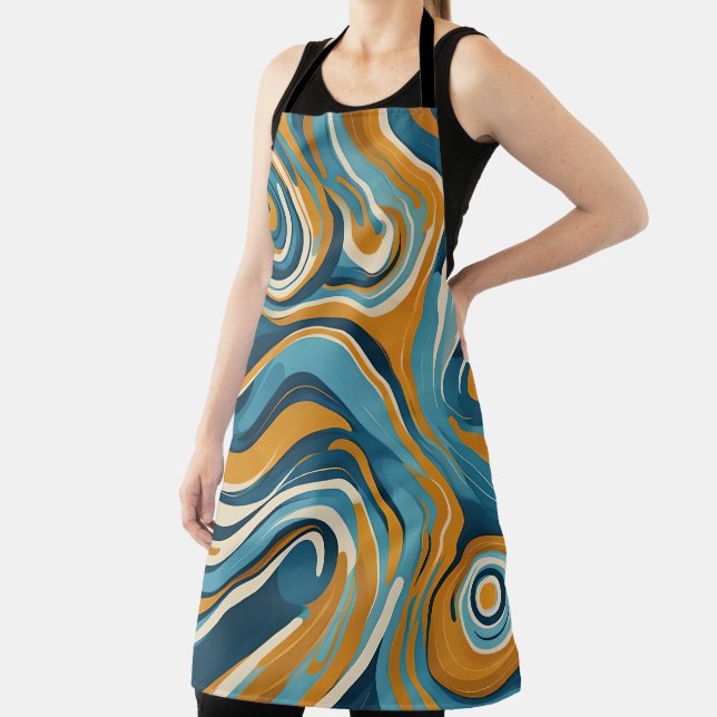 Liquid Swirl Ochre Blue Trippy Pattern Apron (Insitu)