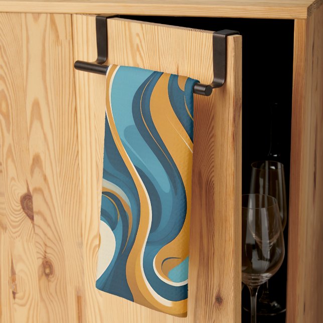 Liquid Swirl Ochre Blue Trippy Pattern Kitchen Towel (Thirds Fold)