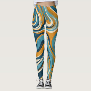 Liquid Swirl Ochre Blue Trippy Pattern Leggings
