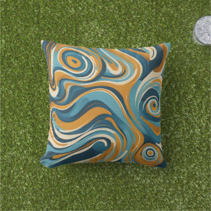 Liquid Swirl Ochre Blue Trippy Pattern Outdoor Pillow