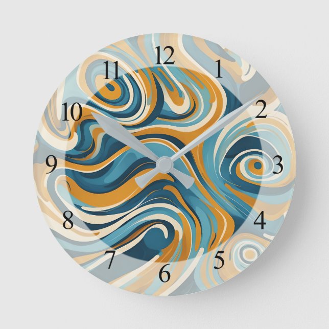Liquid Swirl Ochre Blue Trippy Pattern Round Clock (Front)