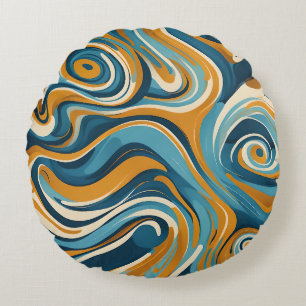 Liquid Swirl Ochre Blue Trippy Pattern Round Pillow