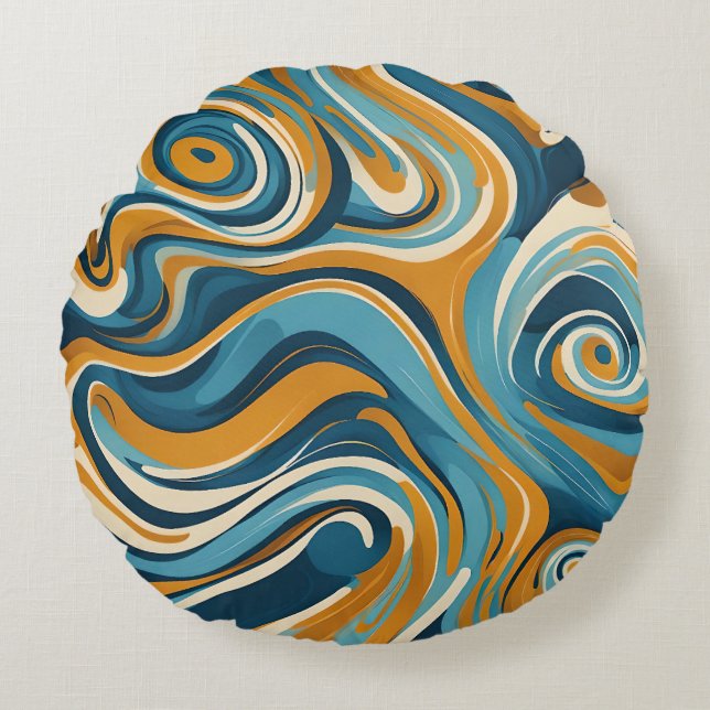 Liquid Swirl Ochre Blue Trippy Pattern Round Pillow (Front)