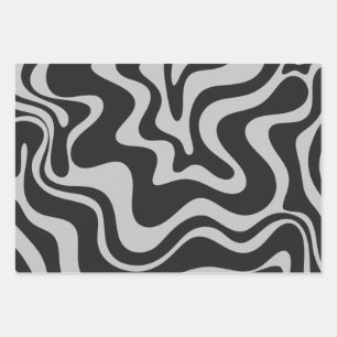 Liquid Swirl Retro Abstract Pattern Black and Grey Wrapping Paper Sheet