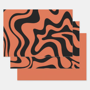 Liquid Swirl Retro Abstract Pattern Black Orange Wrapping Paper Sheet