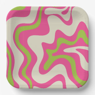 Liquid Swirl Retro Abstract Pattern Hot Pink Lime Paper Plate
