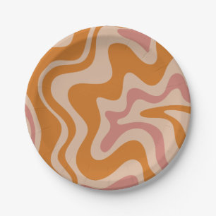 Liquid Swirl Retro Vibe Orange and Dusky Pink Paper Plate