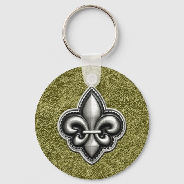 Lis Silver on Green Leather Look flower Keychain (Front)