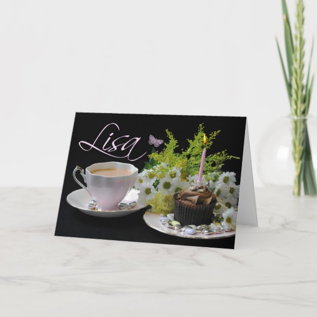 Lisa Birthday Card With Tea Cake And Flowers (Front)