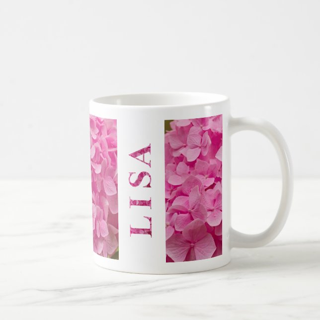 "Lisa" Name Spring Pink Hydrangea Floral Lettering Coffee Mug (Right)