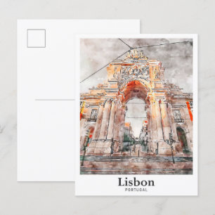 Lisbon Architecture Travel Watercolor Hand Drawn Postcard