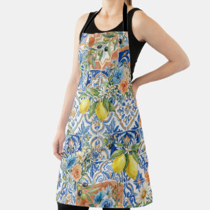 Lisbon Blue Lemon Tile Citrus Kitchen Decor Apron