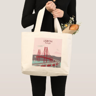 Lisbon bridge over Tagus river in vintage style  Large Tote Bag