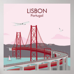 Lisbon bridge over Tagus river in vintage style  Poster