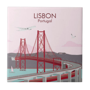 Lisbon bridge over Tagus river in vintage style Tile