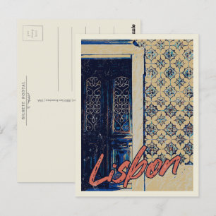 Lisbon door and tiles illustration Portugal Postcard