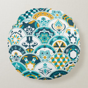 Lisbon geometric Azulejo tile pattern, Portuguese Round Pillow
