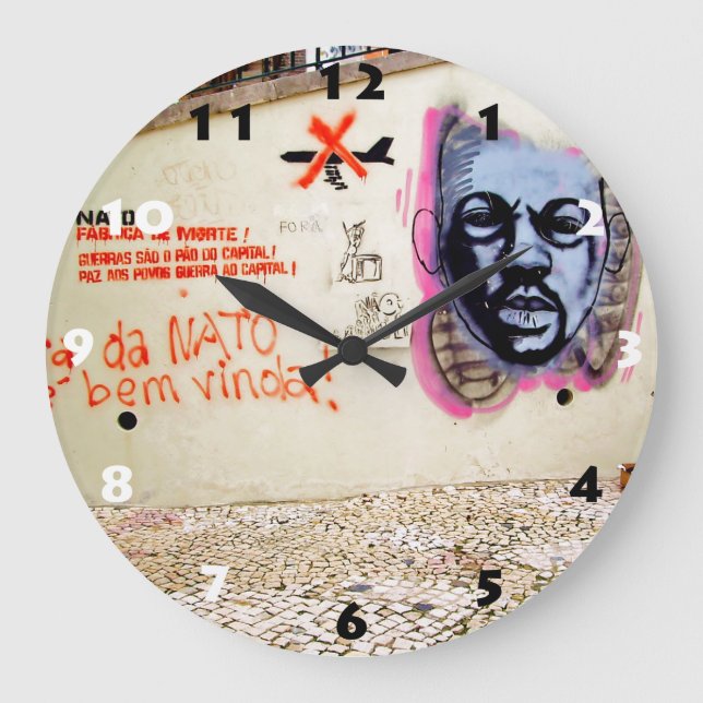 LISBON GRAFFITI ART WITH BLACK AND WHITE NUMBERS LARGE CLOCK (Front)