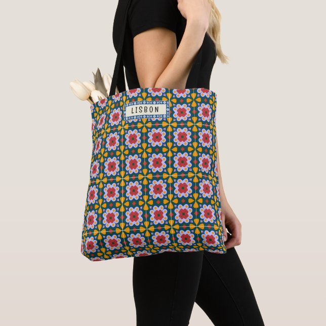 Lisbon house colourful tiles pattern tote bag (Close Up)