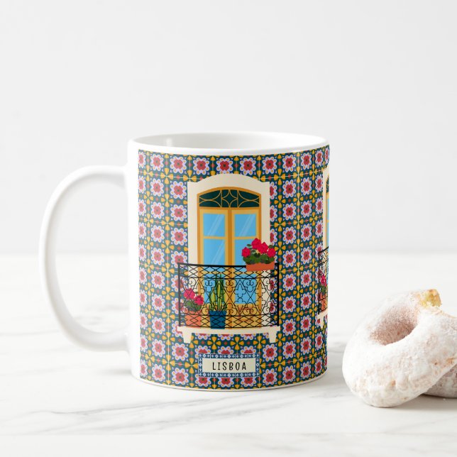 Lisbon house window with plants and tiles coffee mug (With Donut)