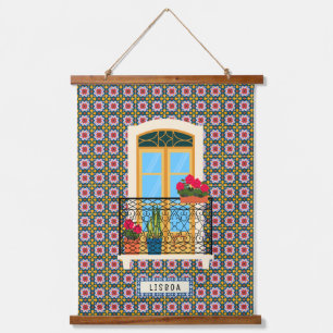 Lisbon house window with plants and tiles hanging tapestry