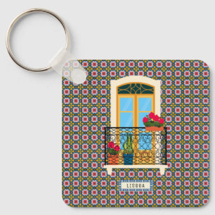 Lisbon house window with plants and tiles keychain