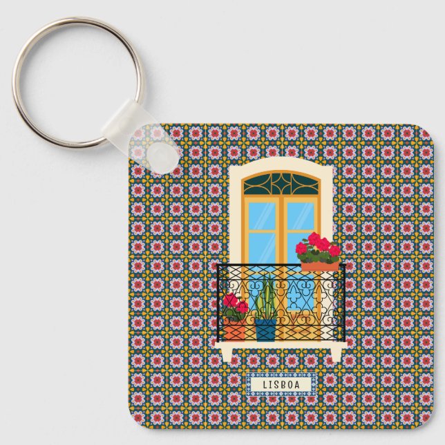 Lisbon house window with plants and tiles keychain (Front)