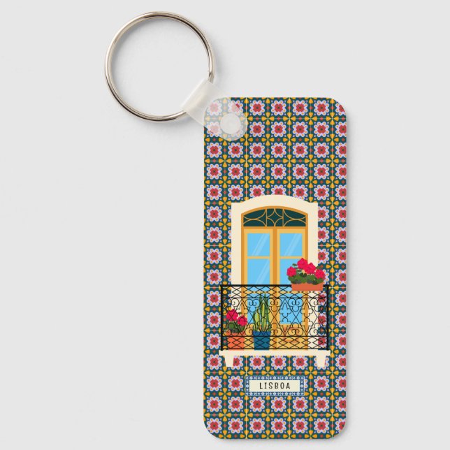Lisbon house window with plants and tiles keychain (Front)