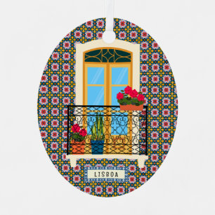 Lisbon house window with plants and tiles metal ornament