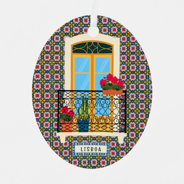 Lisbon house window with plants and tiles metal ornament (Front)