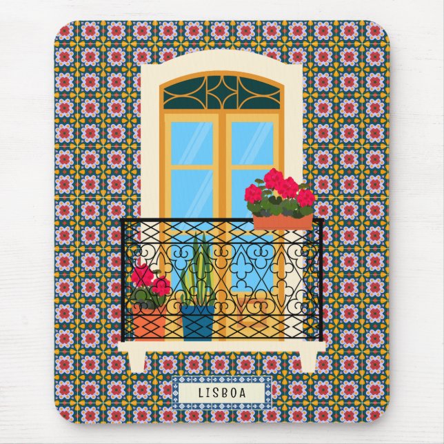 Lisbon house window with plants and tiles mouse pad (Front)