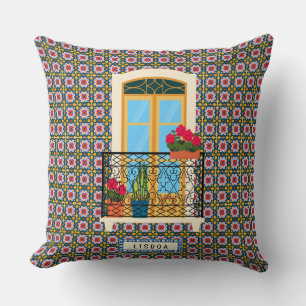 Lisbon house window with plants and tiles throw pillow