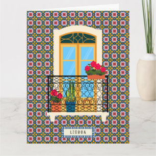 Lisbon house window with tiles and plants card