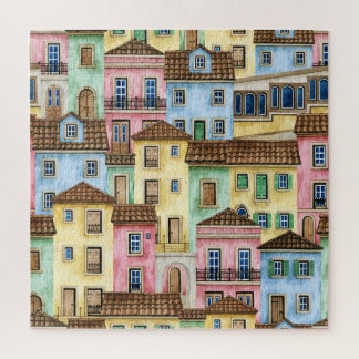 Lisbon Houses: Watercolor Funicular Pattern. Jigsaw Puzzle